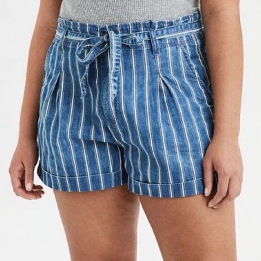 American Eagle Outfitters Blue and White Striped High-Waist Tie Shorts
